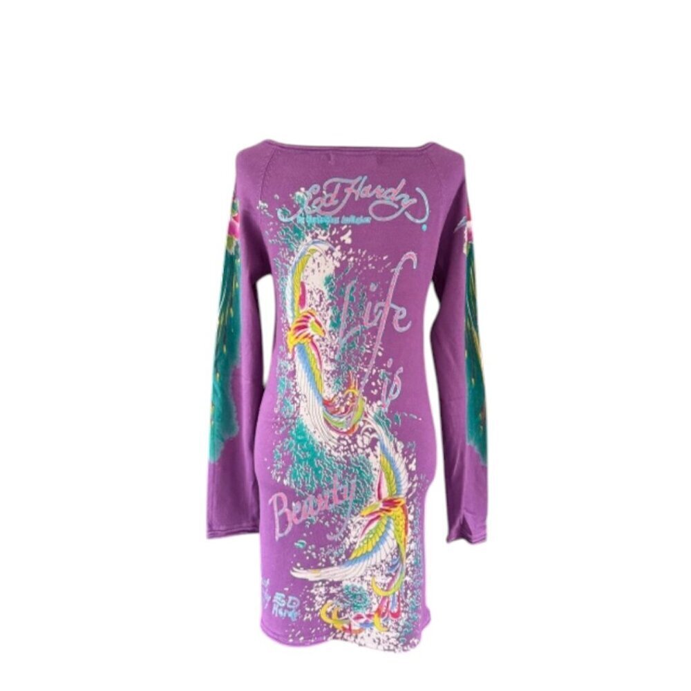 Ed Hardy Sweater Dress Beauty Graphic Print Rhinestone Purple Long Sleeves M EUC - Picture 8 of 16